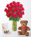Image of Standard version for Romanced Red Rose Gift Sets - 24 Roses with Vase Chocolate, and Bear - FedEx