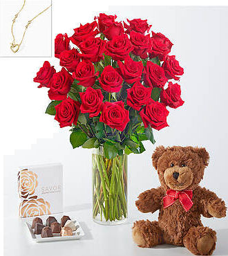 Red Roses Gift Sets - 24 Roses with Vase Chocolate, Bear and Necklace - FedEx - FE84CBN