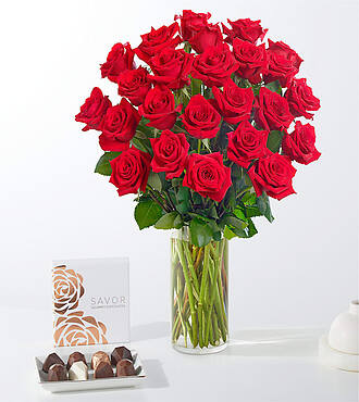 Romanced Red Rose Gift Sets - 24 Roses with Vase and Chocolate - FedEx - FE84CH-X