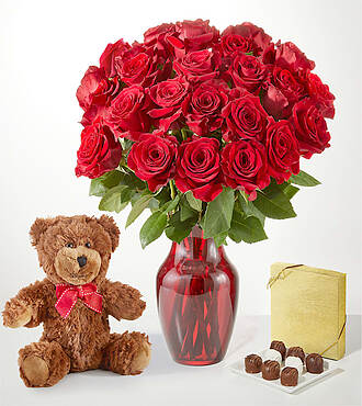 Romanced Red Rose Gift Sets - 24 Roses with Red Vase Chocolate, and Bear - FedEx - FE84RCB-X