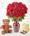 Image of Standard version for Red Roses Gift Sets - 24 Roses with Red Vase Chocolate, Bear and Necklace - FedEx