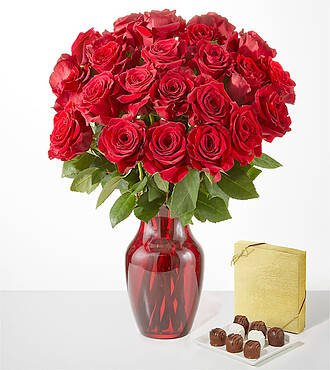 Red Rose Bouquet - 24 Roses with Red Vase and Chocolate - FedEx - FE84RCH