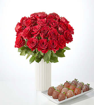 Red Rose Bouquet and Berry Bundle - 24 Roses with Berries and White Fluted Vase - FedEx - FE84WF-BRY