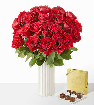 Most Desired Red Rose Bouquet - 24 Roses with Ceramic Vase and Chocolate - FedEx - FE84WFCH