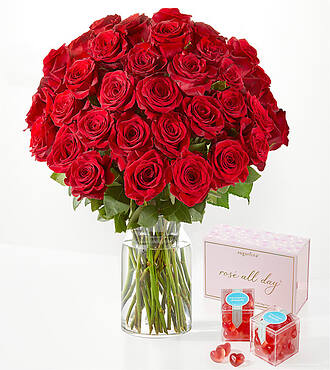 Three Times the Love Red Rose Bouquet - 36 Roses with Glass Vase and Sugarfina Hearts - FedEx - FE86SF1-X