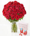 Image of Standard version for Three Times the Love Red Rose Bouquet - 36 Roses with Glass Vase and Sugarfina Hearts - FedEx