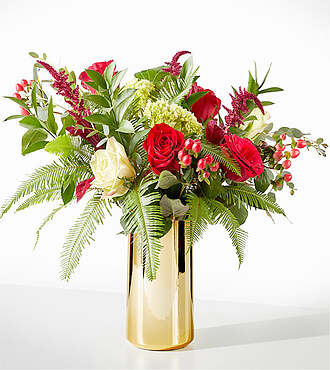 Holiday Fronds Bouquet - Deluxe with Gold Vase - FedEx - FK015DVG