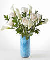 Image of Standard version for Vision in Ivory Rose and Calla Lily Bouquet - Deluxe with Blue Vase - FedEx
