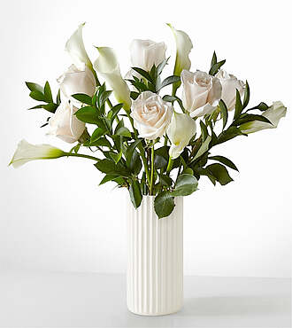 Vision in Ivory Rose and Calla Lily Bouquet - Deluxe with White Fluted Vase - FedEx - FK1028WF