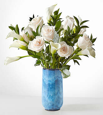 Vision in Ivory Rose and Calla Lily Bouquet - Premium with Blue Vase - FedEx - FK1029VBC