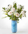 Image of Standard version for Vision in Ivory Rose and Calla Lily Bouquet - Premium with Blue Vase - FedEx