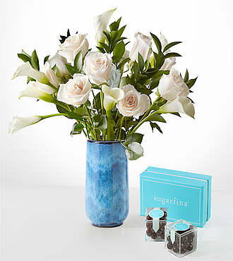 Vision in Ivory Rose and Calla Lily Bouquet - Premium with Blue Vase and Sugarfina Caramels - FedEx