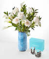 Image of Standard version for Vision in Ivory Rose and Calla Lily Bouquet - Premium with Blue Vase and Sugarfina Caramels - FedEx