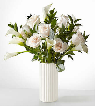 Vision in Ivory Rose and Calla Lily Bouquet - Premium with White Fluted Vase - FedEx - FK1029WF