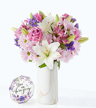 Lavender Fields Mixed Flower Bouquet - Standard with Marble Vase and Acrylic Keepsake - FedEx - FK1059VAKA