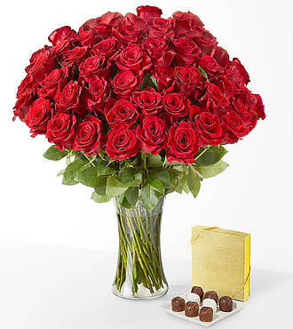 Fifty Long Stem Red Roses - 50 Roses with Vase and Chocolates - FedEx - FK785CH