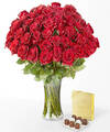 Image of Standard version for Fifty Long Stem Red Roses - 50 Roses with Vase and Chocolates - FedEx