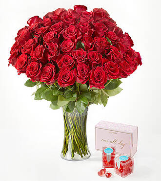 Fifty Long Stem Red Roses - 50 Roses with Vase and Sugarfina Hearts - FedEx - FK785SF1