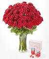 Image of Standard version for Fifty Long Stem Red Roses - 50 Roses with Vase and Sugarfina Hearts - FedEx