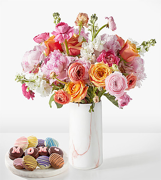 Peony and Ranunculus Garden Bouquet - Deluxe with Marble Vase and Mom Oreos - FedEx - FM075DVPMC4