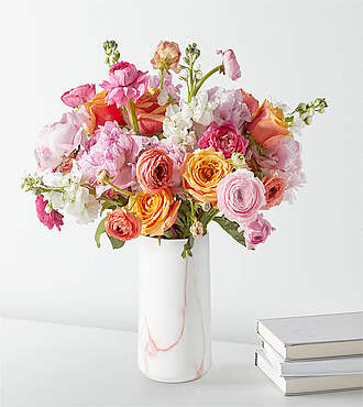 Peony and Ranunculus Garden Bouquet - Deluxe with Marble Vase - FedEx - FM075DVPM