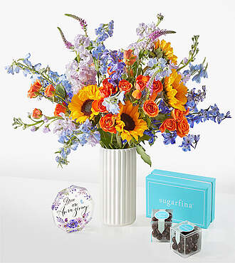 Full Nest Bouquet - Deluxe with White Fluted Vase Acrylic Keepsake and Sugarfina Caramels - FedEx - FM076DVAKASF2