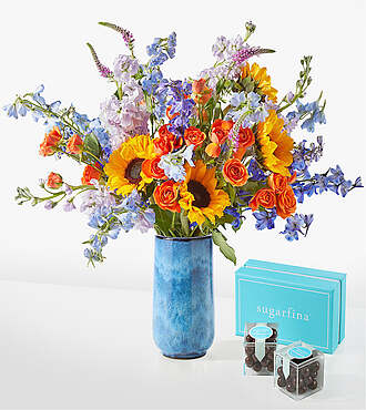 Full Nest Bouquet - Deluxe with Blue Vase and Sugarfina Caramels - FedEx - FM076DVSF2