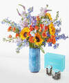 Image of Standard version for Full Nest Bouquet - Deluxe with Blue Vase and Sugarfina Caramels - FedEx