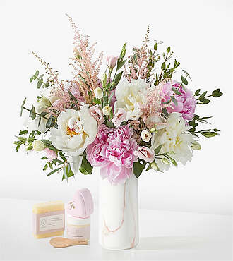 Cotton Candy Peony Bouquet - Standard with Marble Vase and Spa Gift Set - FedEx - FM079VPMLSS