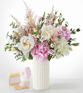 Cotton Candy Peony Bouquet - Standard with Ceramic Vase and Spa Gift Set - FedEx - FM079WFLSS