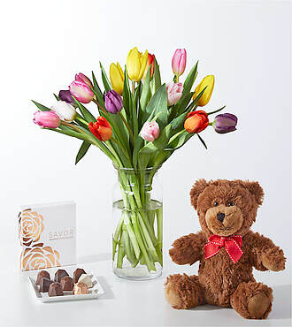 Picnic Tulips Gift Set with Bear and Chocolates - FedEx