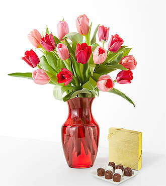 Crushing on You Tulip Bouquet - Standard with Red Vase and Chocolates - FedEx - FV200-RCH