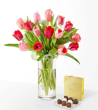 Crushing on You Tulip Bouquet - Standard with Clear Vase and Chocolates - FedEx - FV200CH