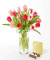 Image of Standard version for Crushing on You Tulip Bouquet - Standard with Clear Vase and Chocolates - FedEx