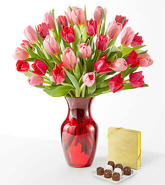 Crushing on You Tulip Bouquet - Deluxe with Red Vase and Chocolates - FedEx - FV200D-RCH