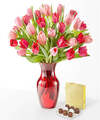 Image of Standard version for Crushing on You Tulip Bouquet - Deluxe with Red Vase and Chocolates - FedEx