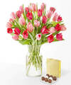 Image of Standard version for Crushing on You Tulip Bouquet - Deluxe with Clear Vase and Chocolates - FedEx