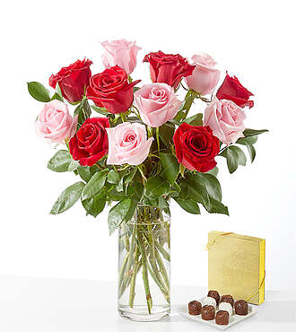 Flirt Rose Bouquet - 12 Roses with Glass Vase and Chocolates - FedEx - FV201CH