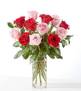 Flirt Rose Bouquet - 12 Roses with Glass Vase - FedEx