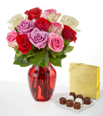 Full Heart Rose Bouquet and Chocolate Bundle - 12 Roses with Red Glass Vase and Chocolates - FedEx - FV202-RCH
