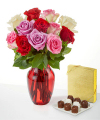 Image of Standard version for Full Heart Rose Bouquet and Chocolate Bundle - 12 Roses with Red Glass Vase and Chocolates - FedEx