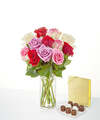 Image of Standard version for Full Heart Rose Bouquet and Chocolate Bundle - 12 Roses with Glass Vase and Chocolates - FedEx