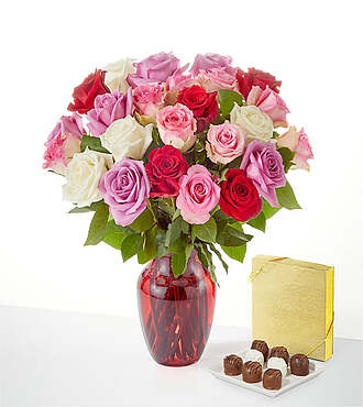 Full Heart Rose Bouquet and Chocolate Bundle - 24 Roses with Red Glass Vase and Chocolates - FedEx - FV202D-RCH