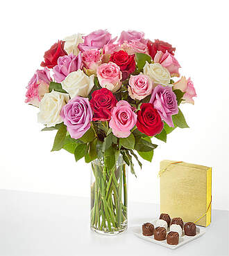 Full Heart Rose Bouquet and Chocolate Bundle - 24 Roses with Glass Vase and Chocolates - FedEx - FV202DCH