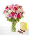 Image of Standard version for Full Heart Rose Bouquet and Chocolate Bundle - 24 Roses with Glass Vase and Chocolates - FedEx
