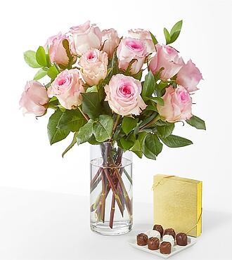 Fairytale Pink Rose Bouquet - 12 Roses with Glass Vase and Chocolates - FedEx - FV206CH
