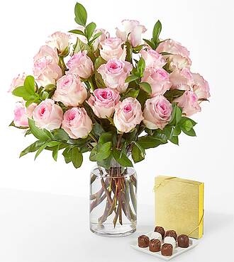 Fairytale Pink Rose Bouquet - 24 Roses with Glass Vase and Chocolates - FedEx - FV206DCH