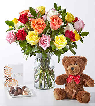 Deluxe Mixed Roses Gift Set with Chocolates and Plush - FedEx - FW90CB