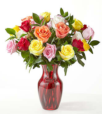 Deluxe Mixed Roses with Red Vase - FedEx - FW90R-2