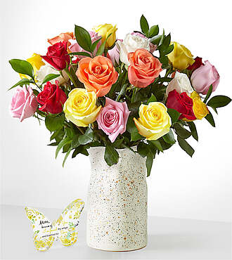 Mother's Day Mixed Roses - 24 Roses with Sculpted Vase and Acrylic Keepsake - FedEx - FW90VSTAKB